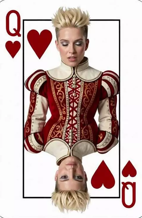 Woman depicted as Queen of Hearts with blonde spiky hair, red and white historical costume, mirrored design.