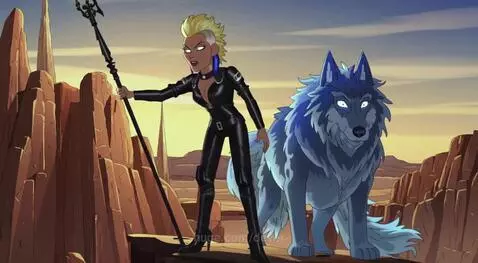 Cartoon woman with spiky blonde hair and a wolf on a desert outcrop, with a rabbit nearby.
