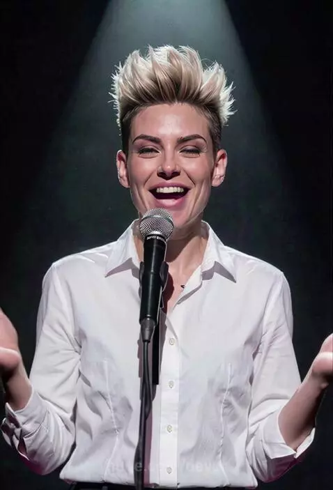 Comedian Raven on stage under a spotlight, wearing a white shirt and revealing a bra made of computer fans.
