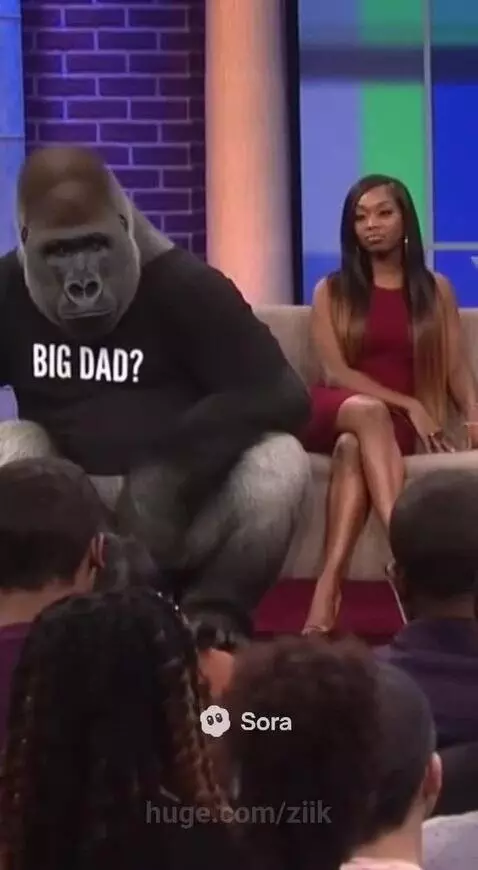 Man in gorilla suit on a couch, reacting violently and attacking audience members on a talk show.