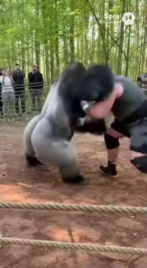 Man in a realistic gorilla suit wrestling another man in a dirt ring outdoors.