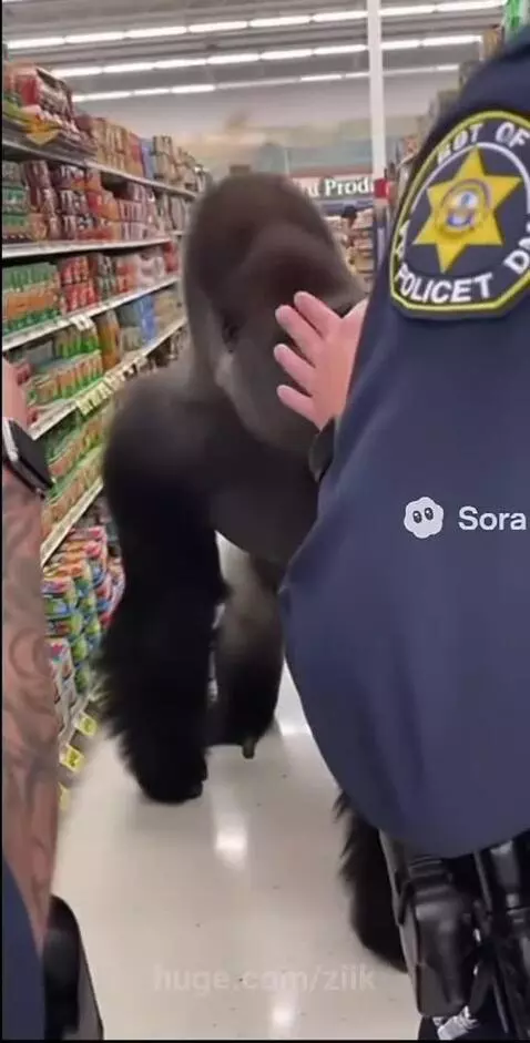 A realistic gorilla in a grocery store aisle aggressively demanding bananas from a police officer.