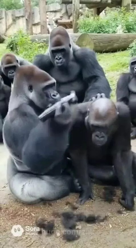 Gorilla sitting and pretending to shave another gorilla's head with electric clippers, with other gorillas reacting.