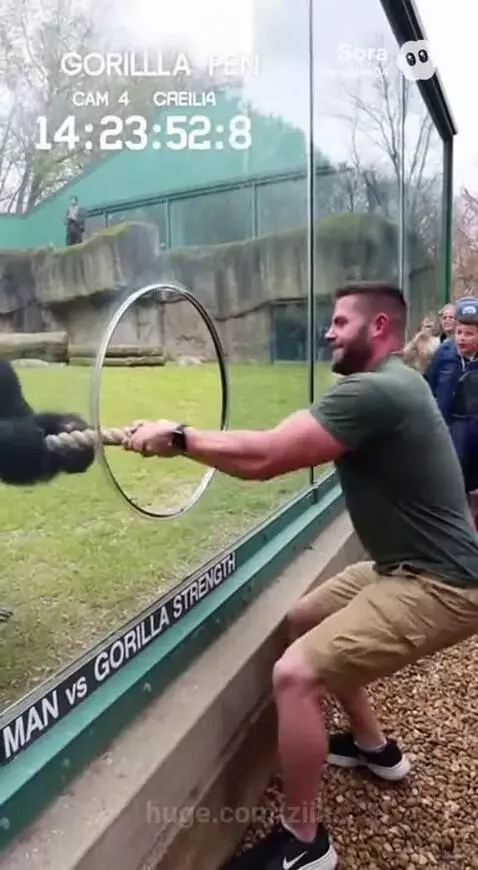 Man struggling to hold a rope against a gorilla pulling from inside a zoo enclosure.