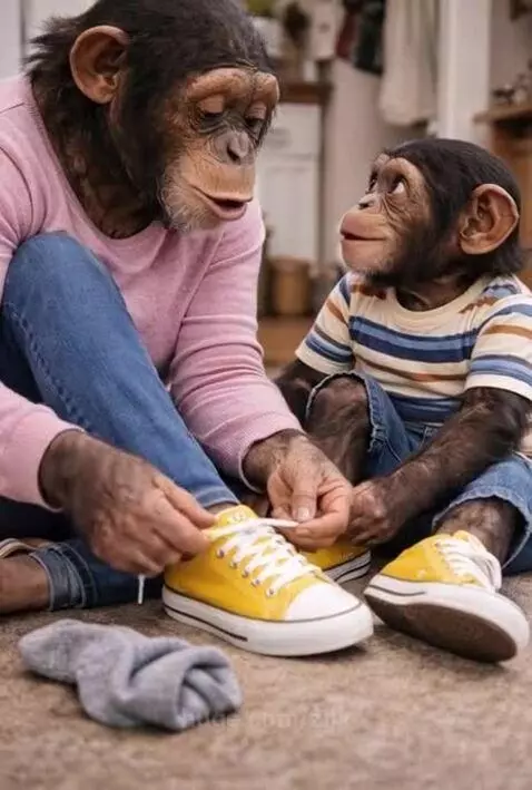 Adult chimpanzee in pink shirt and jeans tying shoelaces of a younger chimpanzee in striped shirt and jeans.
