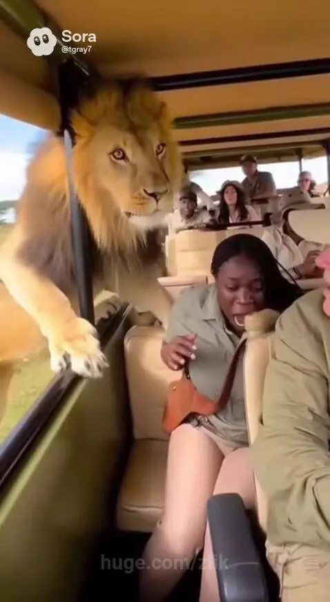 A large male lion with a full mane roars and puts its paws on the side of an open safari vehicle, terrifying passengers.