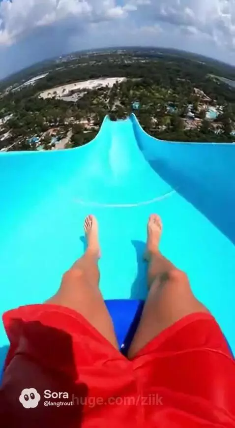 First-person view of someone riding a very tall, steep water slide, legs visible descending into the blue slide.