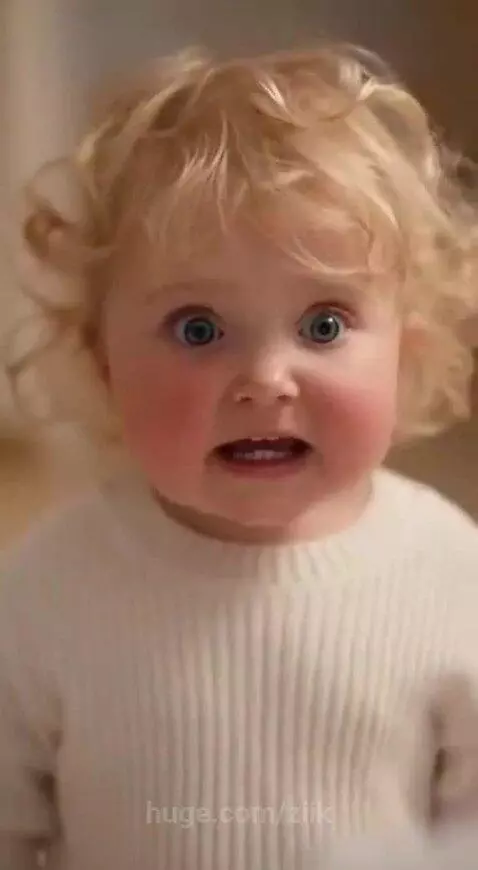 Toddler with curly blonde hair looking surprised and excited at two newborn babies in a hospital bed.