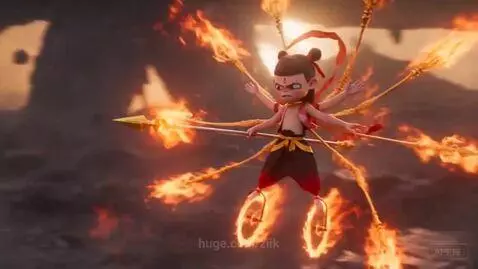 Animated battle between Thanos with Infinity Gauntlet and Nezha with fiery weapons and wheels.