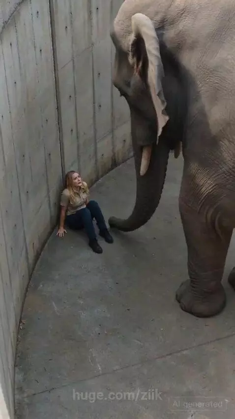 An elephant uses its trunk to lift a woman to safety from a deep enclosure.
