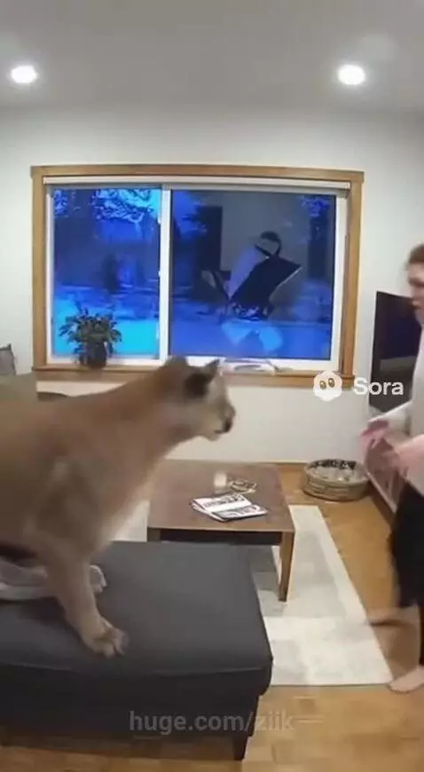 A mountain lion stands on an ottoman inside a living room after breaking through a window, with a German Shepherd barking at it.