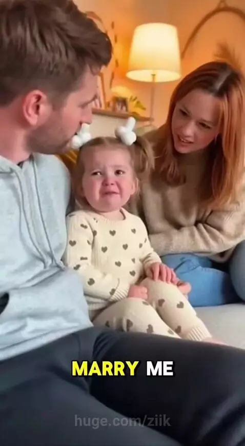 A young child sits between her parents on a couch, looking tearfully at her father, while her mother smiles.