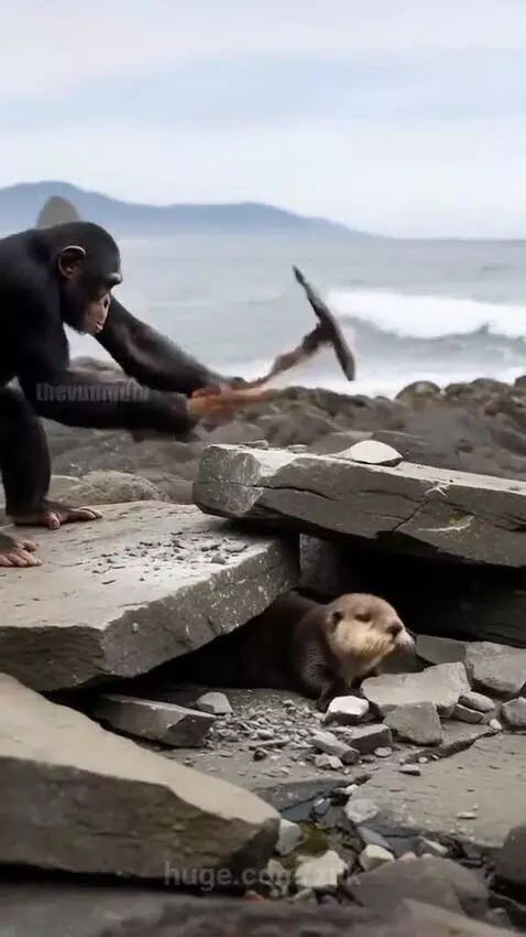 Chimpanzee using a pickaxe to lift a rock, with an otter visible underneath.