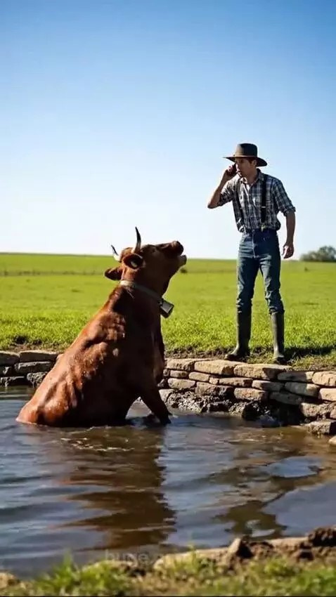 Farmer and rescue team lifting a cow out of a lake with a helicopter harness.