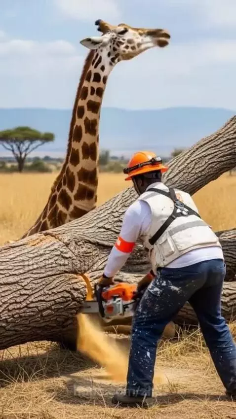 Man in hard hat and vest cutting a tree trunk with a chainsaw, a giraffe is lying underneath.