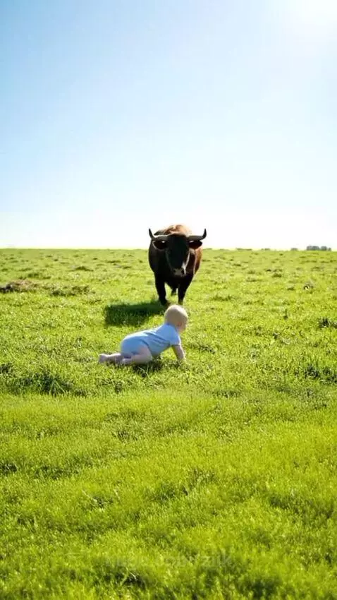 Golden retriever and black cat stand protectively between a baby and a bull in a field.