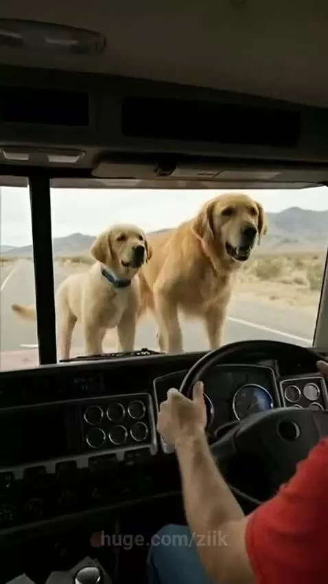 Two golden retrievers stand near a semi-truck, looking up at a mountain as a rockslide begins.