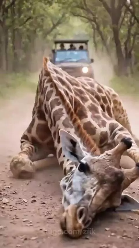 Rescue team carefully lifting an injured giraffe onto a ramp into a vehicle.