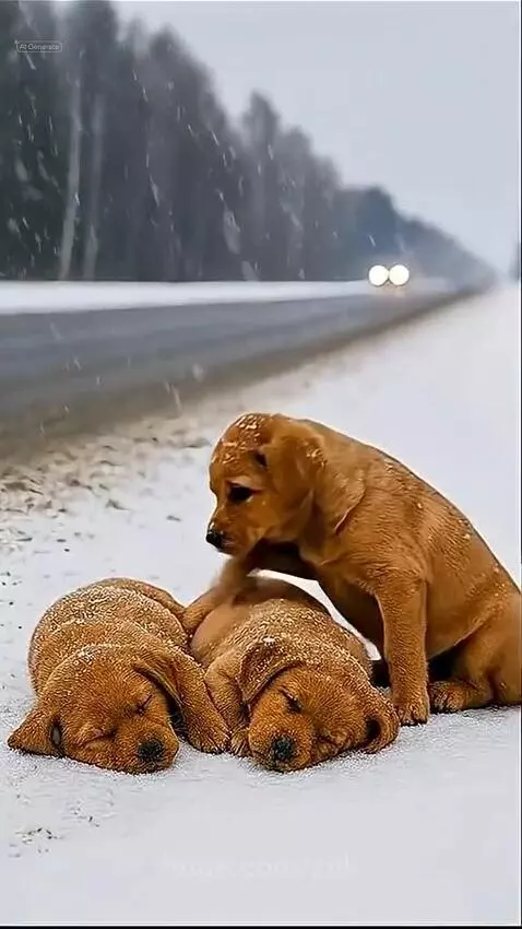 Woman gently picking up a small puppy from the snow, with two other puppies nearby.