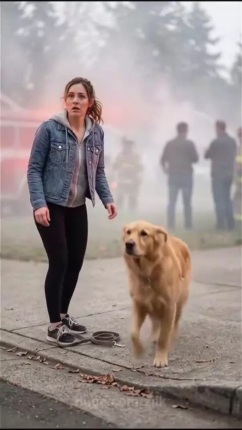 Golden retriever dog watching a house fire, then greeting a firefighter carrying a rescued cat.