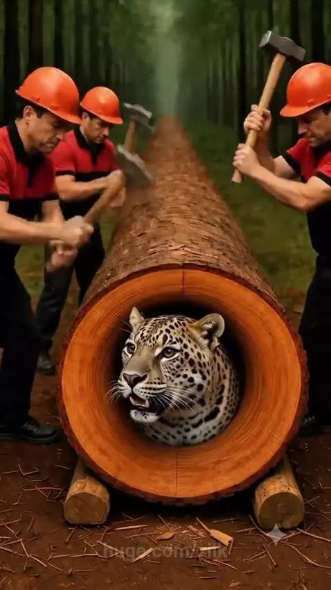 Wildlife crew breaks open a log to rescue a leopard and her cubs.