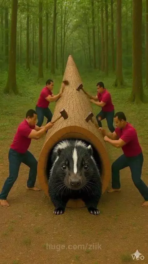 Team shattering a log with sledgehammers, revealing multiple skunks emerging.