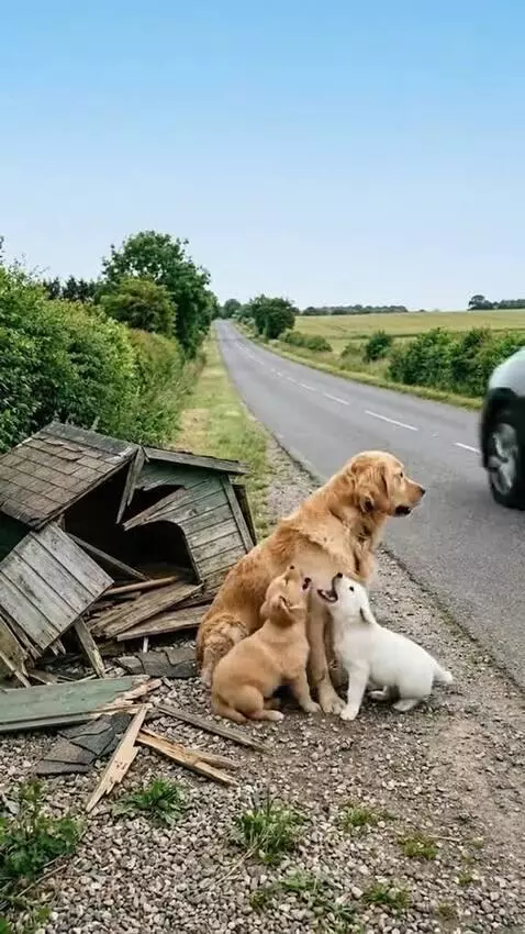 Truck driver gently petting a mother dog and her puppies after rescuing them from abandonment.