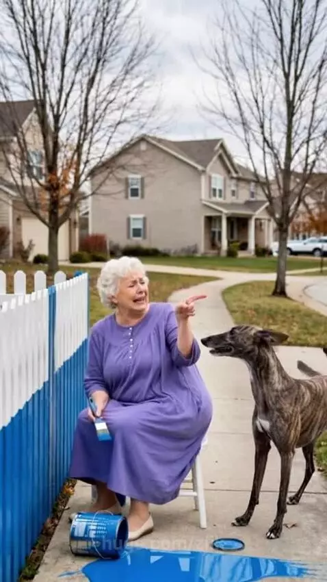 A blue-painted dog sits happily next to an elderly woman who is smiling.