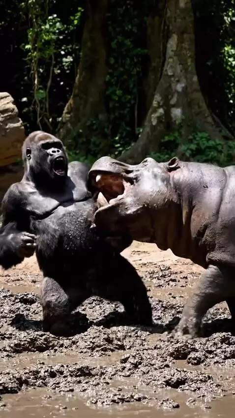 Silver back finally got defeated by hippo by speed