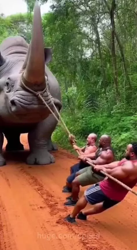 Three muscular men straining to pull a large rhinoceros statue with ropes in a jungle setting.