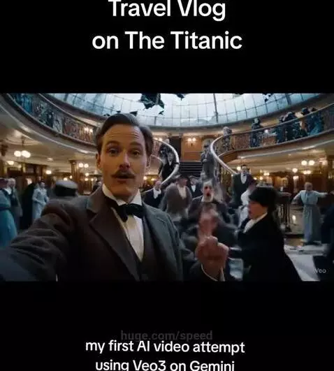 Man in a suit films himself in front of the Titanic's grand staircase as people in period clothing appear distressed.