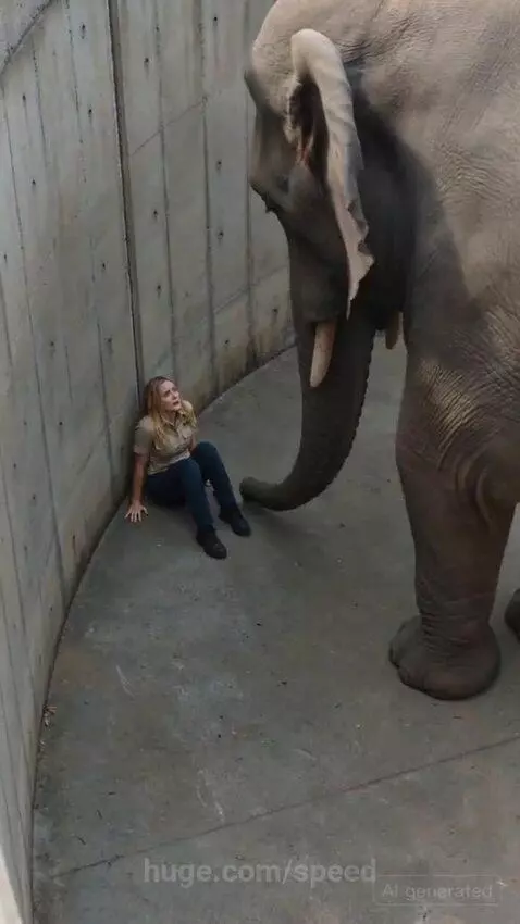 An elephant extends its trunk to help a woman climb out of a deep pit.