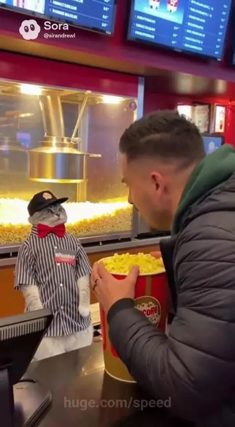Cat in a uniform behind a concession counter meows at a frustrated customer holding a bucket of popcorn.