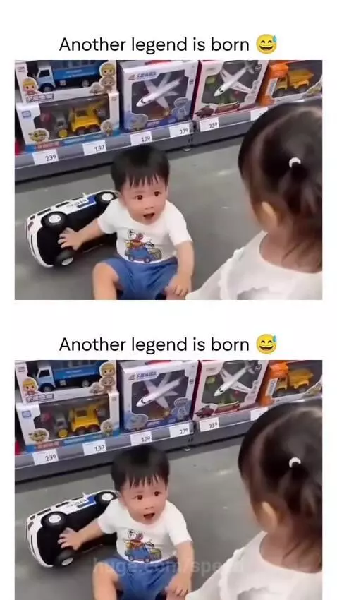 Baby crying loudly in a store aisle, then smiling at another child, then crying again.