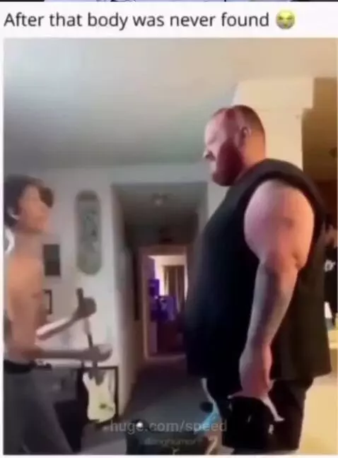 Shirtless boy being slapped by a bearded man, with a comedic 'superman' launch effect down a road.