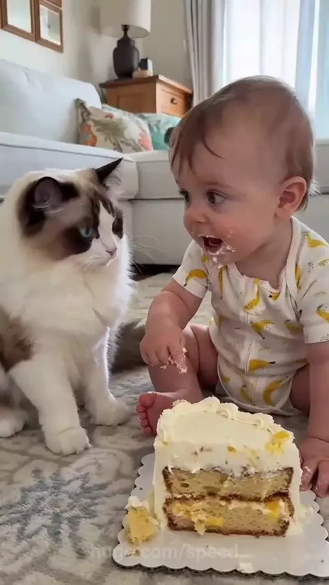 Baby with frosting on face cries as a cat gently paws at their cake.