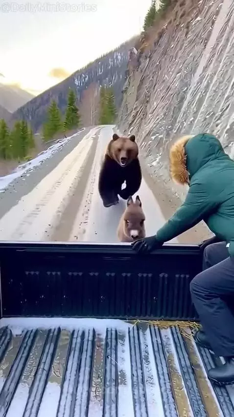 Man pulls a donkey into a pickup truck bed as a bear approaches on a snowy mountain road.