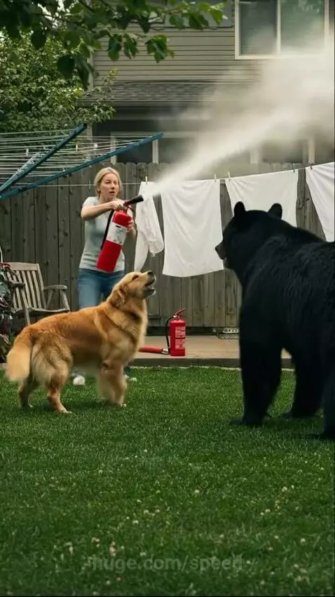Woman sprays fire extinguisher at a black bear in her backyard, startling it.