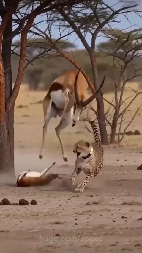 Mother deer kicking a cheetah to save its baby gazelle.