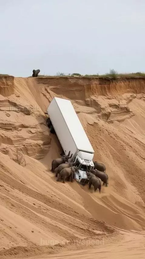 Herd of elephants pushing a semi-truck up a sandy hill, with a man in a yellow vest nearby.