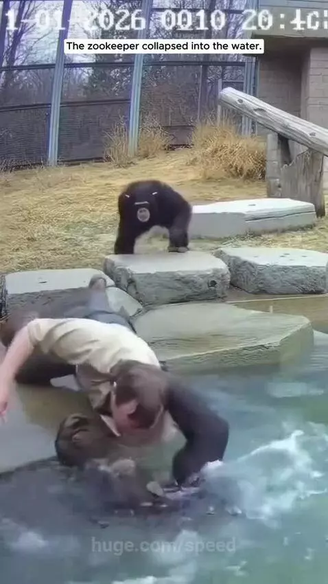 Two chimpanzees helping a zookeeper who has collapsed face-down in a shallow pool.