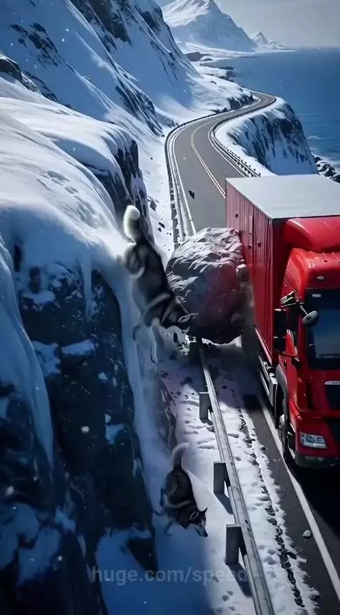Two huskies on a snowy cliff push snowballs down as a large tsunami wave approaches the road and a red truck.