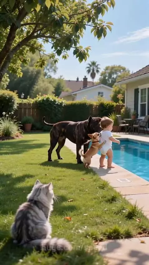 A baby walking towards a pool is nudged back by a small tan dog, with a larger dog and cat watching.