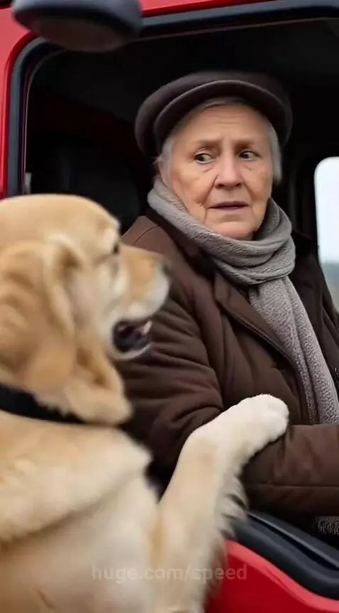 Golden retriever dog and puppy reunited on a snowy beach with a truck driver.