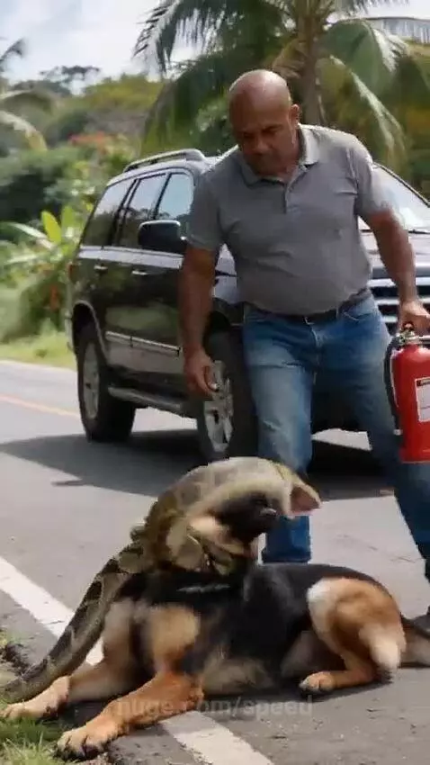 Man sprays anaconda with fire extinguisher to save a dog on a tropical road.
