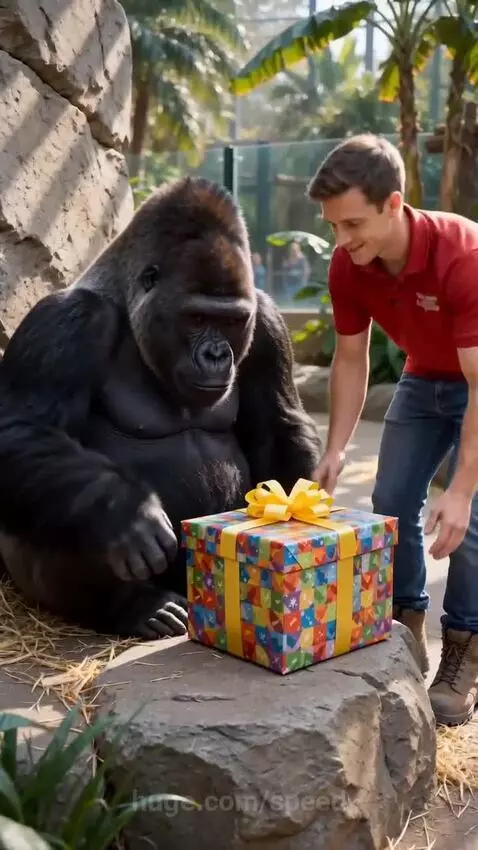 A man gives a gorilla a gift box, which the gorilla opens to reveal a bunch of bananas.