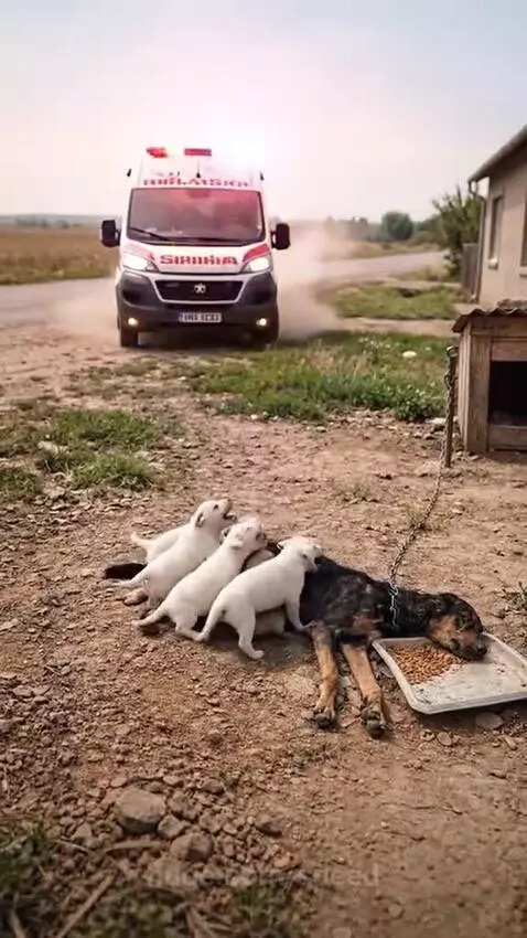 Mama dog and puppies being cared for by a veterinarian after a rescue.