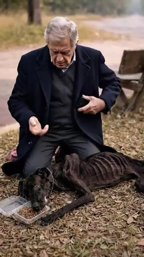Man helps a very thin, starved black dog found on the roadside, leading to its rescue by an ambulance.