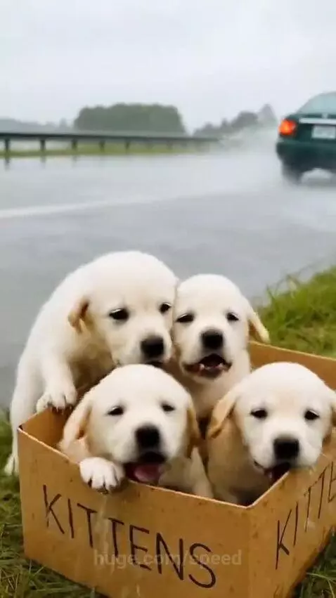 Truck driver gently holds a box of puppies he rescued from a roadside.