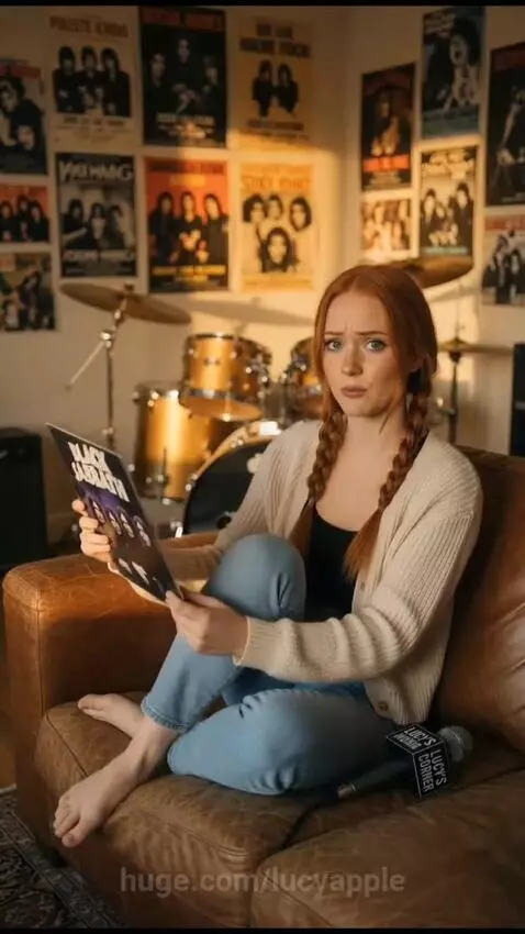Woman on couch discussing Tony Iommi's finger injury and the birth of heavy metal, holding a Black Sabbath album.
